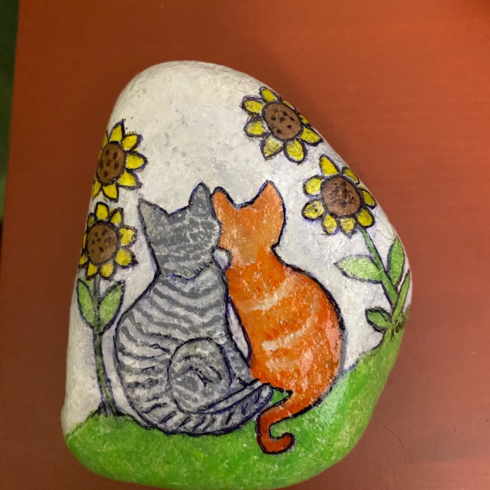 Rock Art Bonded Cats taking in the scenery Orange and Gray tabby